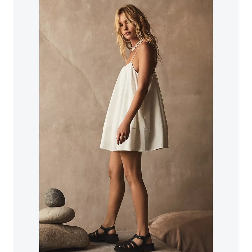 Free People White Cotton Trapeze Mini Dress Adjustable Straps Pockets Small